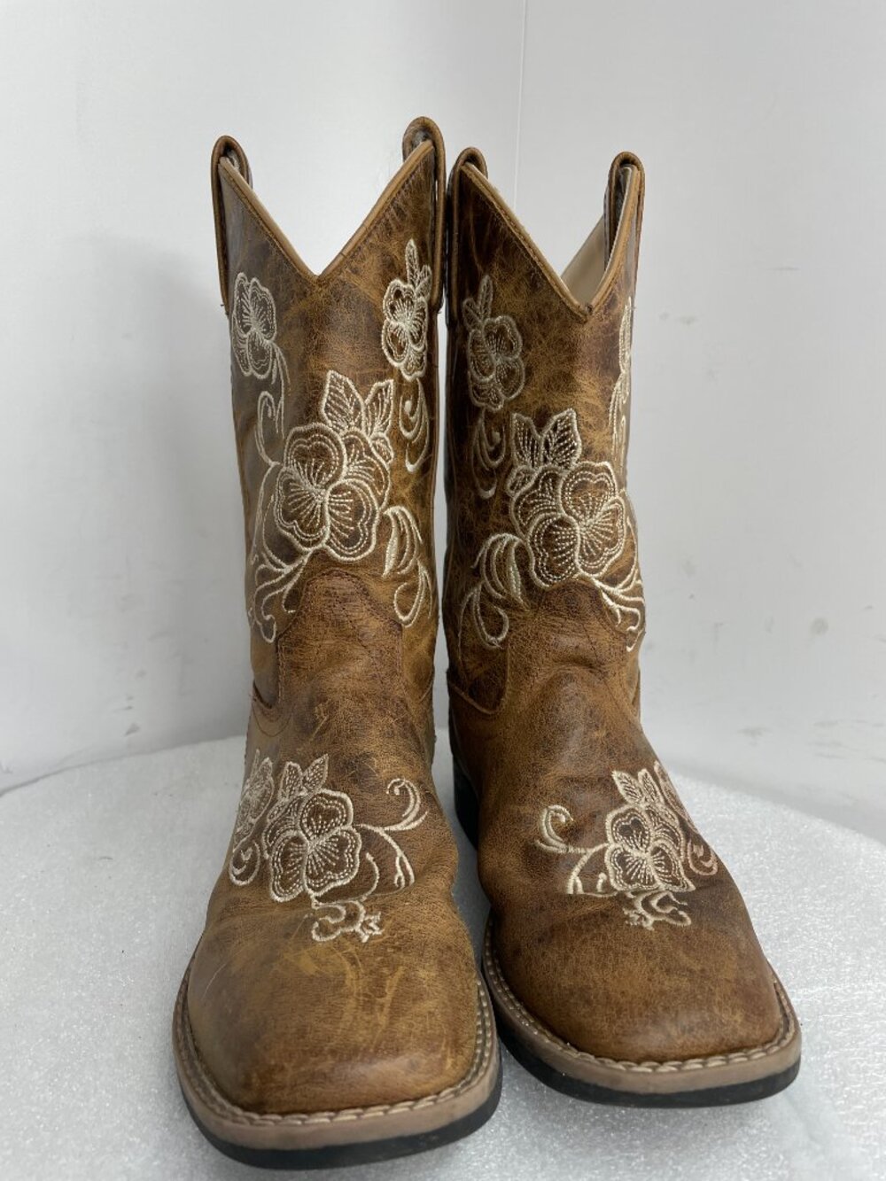 Shyanne Leather Western Floral Embroidered Square Toe Brown Boots Kids Girls 3 D - Picture 3 of 13